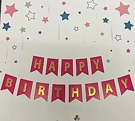 Happy Bırthday Banner Fuşya - Altın Yaldız