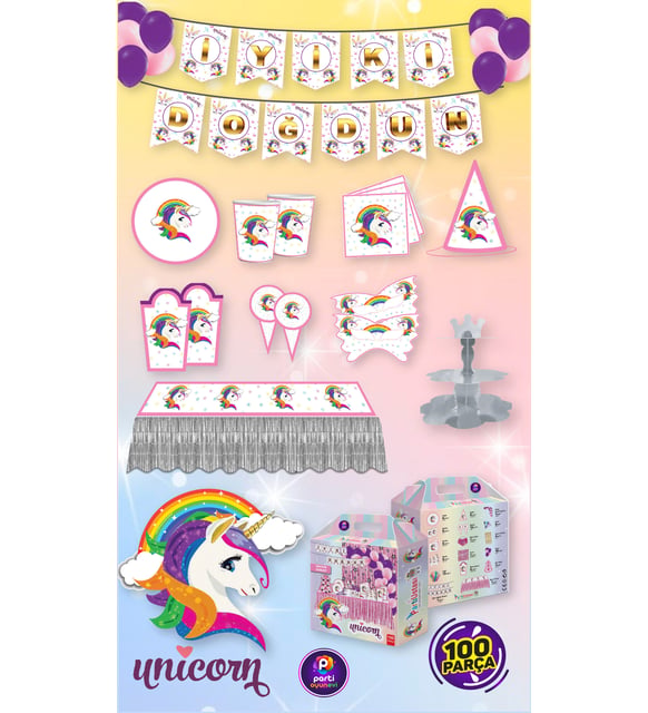 Unicorn Doğum Günü Parti Seti 100 Parça (8 Kişilik)